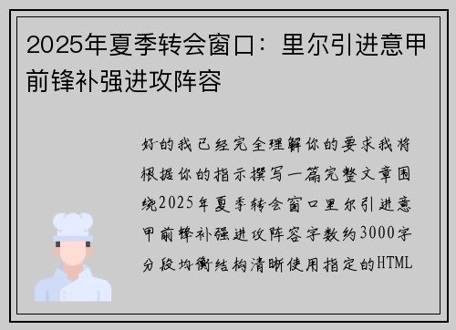 2025年夏季转会窗口：里尔引进意甲前锋补强进攻阵容