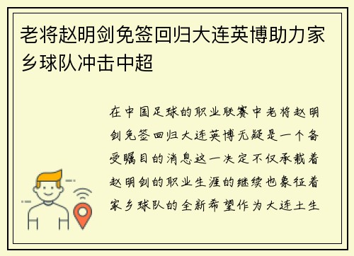 老将赵明剑免签回归大连英博助力家乡球队冲击中超